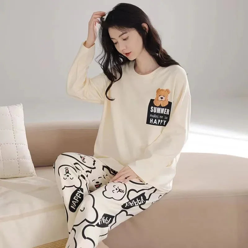 M-5XL Big Size Autumn Spring Pajamas Set for Women Kawaii Printing Sleepwear for Girl Fashion