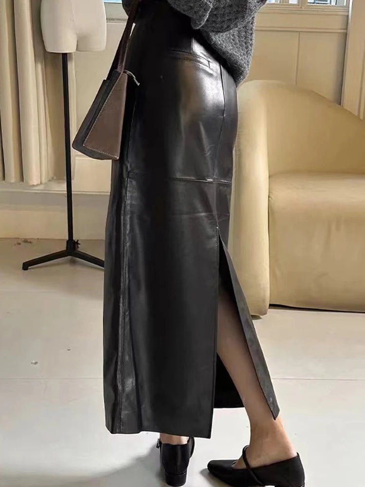 85 cm Long Ankle Length Leather Skirt for Women 100% Leather Straight Skirts Femme Casual Back Split Maxi Jupes Winter Clothing