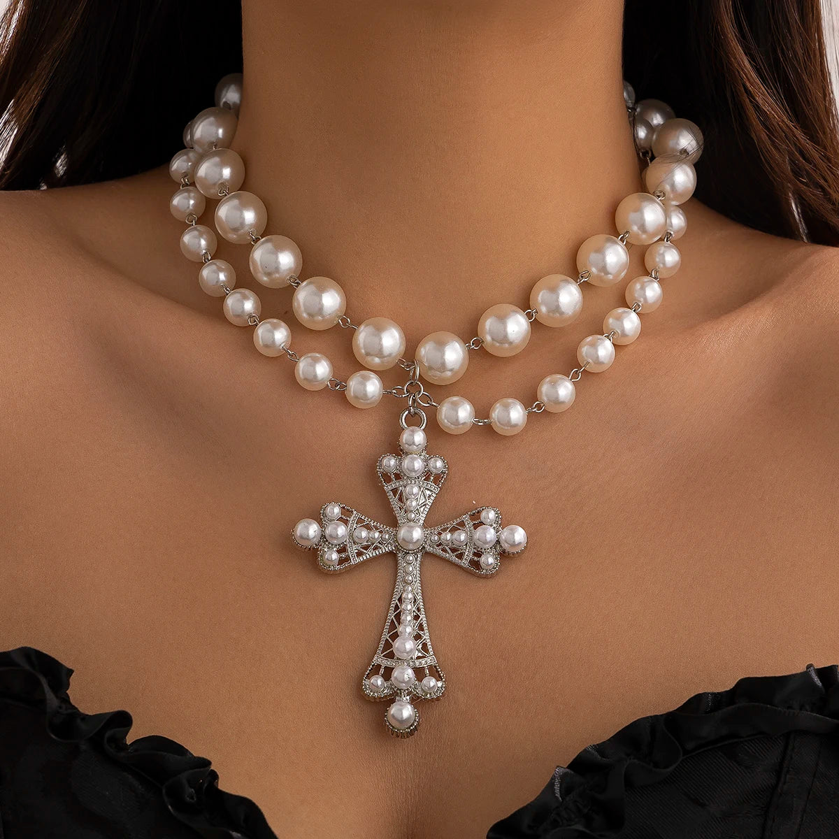 Pearl & Goth Cross Pendant Choker Necklace — Imitation Pearl Y2K Statement — view 9 of necklaces