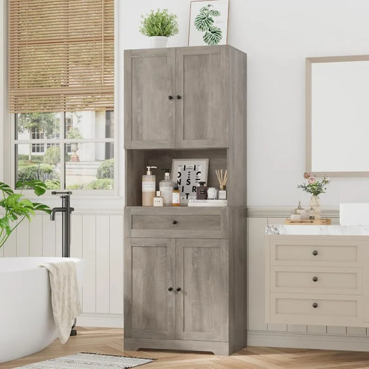 Tall Bathroom Storage Cabinets with 4 Doors & Shelves & Drawer, 67” Tall Storage Cabinet Freestanding for Bathroom, Brown