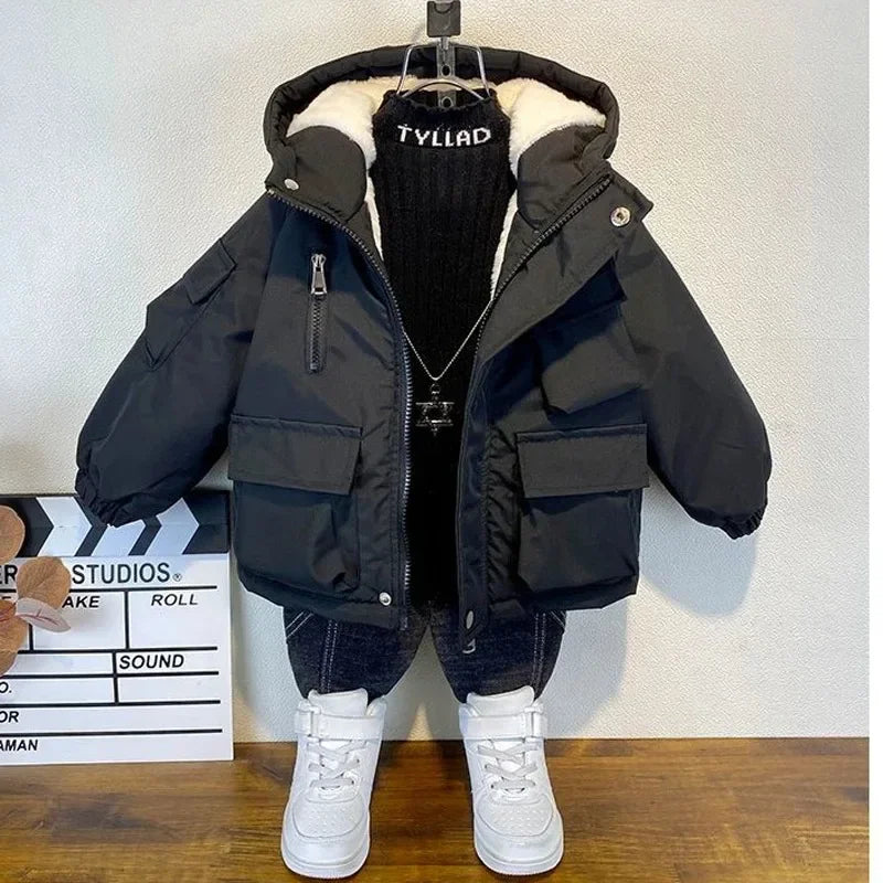 New Winter Down Cotton Jacket Boys Black Hooded Coat Children Outerwear Clothing Teenage 3-8Y Kids