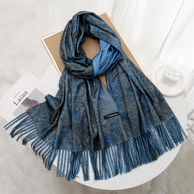 Luxury Paisley Pashmina Embroidery — Cashmere Reversible Drape Floral Designer Shawl Wrap — view 2 of scarves & wraps