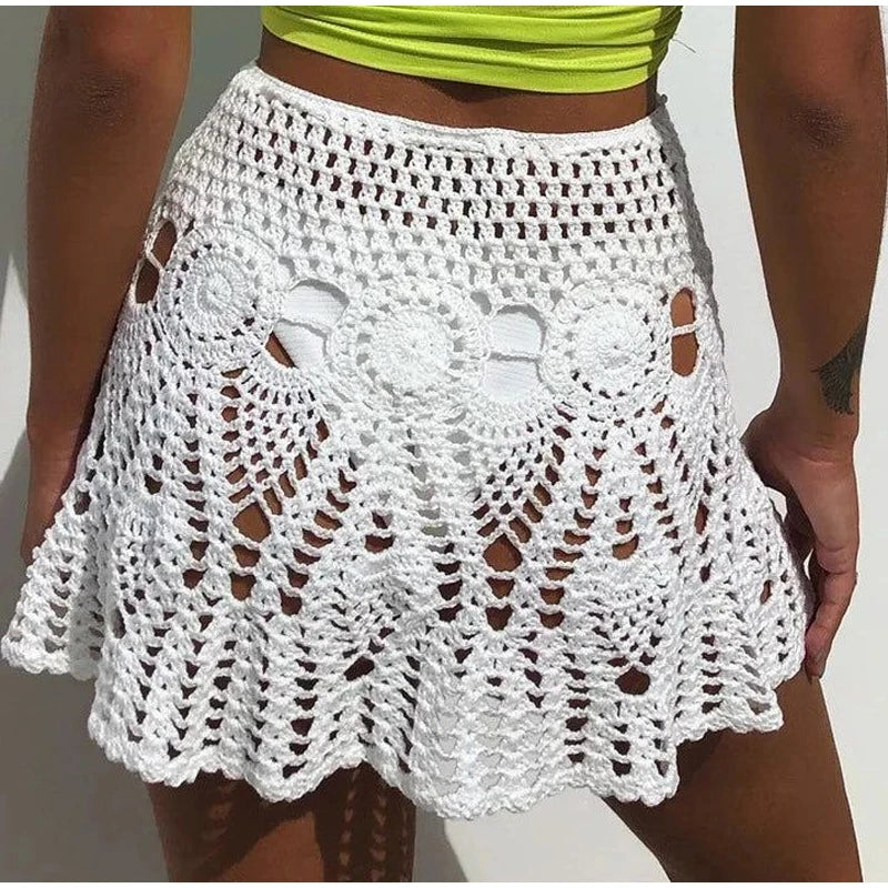 Handmade Crochet Women's Sexy Beach Skirt,Solid Color,Hollow Braided Tassel Women's Short Skirt,Fashion Swimsuit Bikini,2024 New