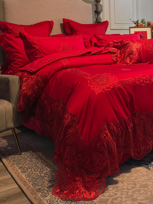 European Princess Style Lace Duvet Cover Set Red High-end Wedding Bedding set King Queen Size Bed set bed sheet set juego de cam