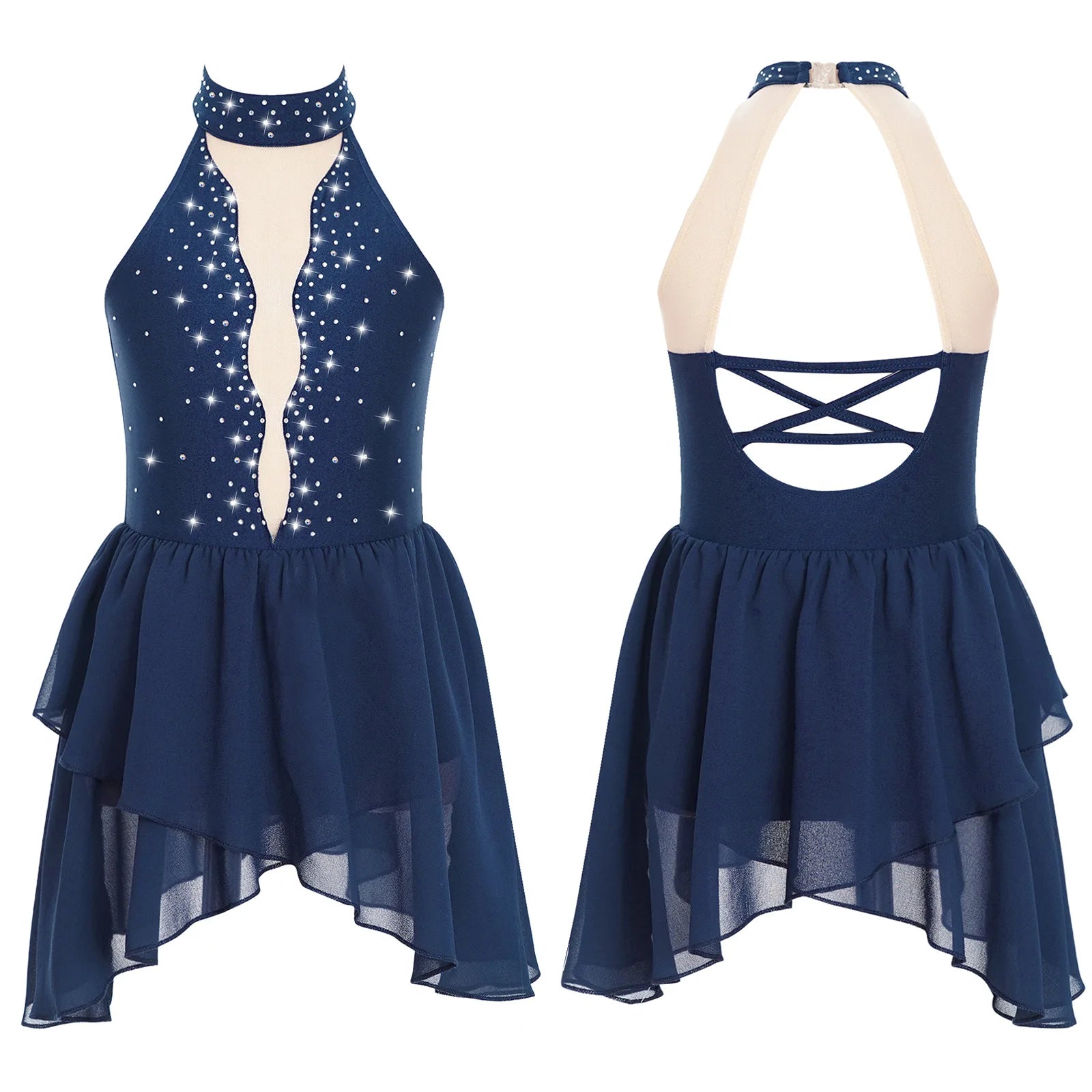Kids Girls Rhinestone Dance Dress - Ballet Gymnastics Sleeveless Mesh Leotard — view 12 of dance costumes