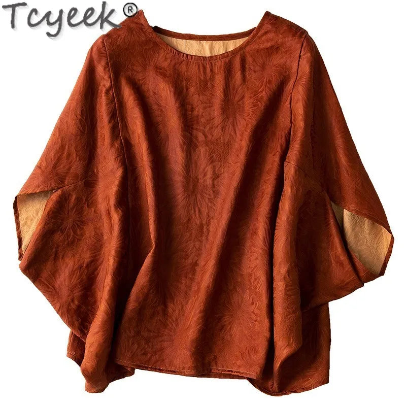 Tcyeek 100% Real Mulberry Silk T-shirts for Women 2024 Elegant Women's Blouses Loose Fit Top Female Summer Clothes Топ Женский