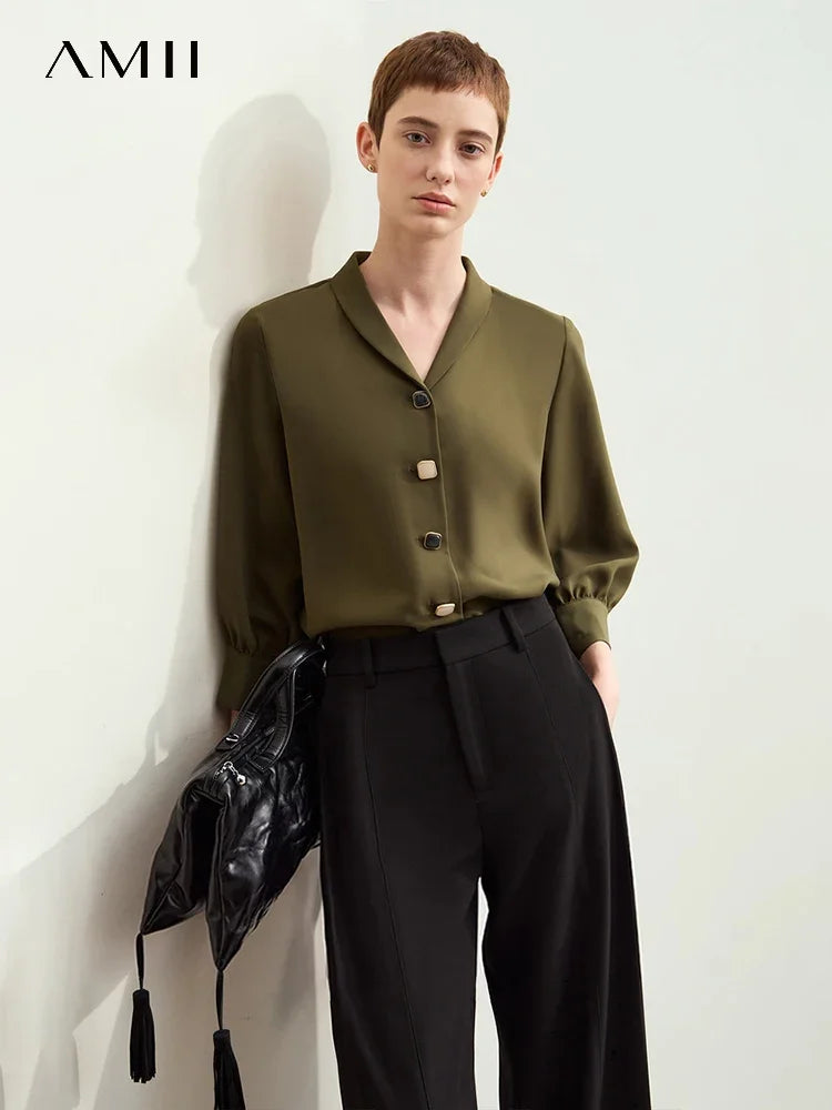 Amii Minimalism Women’s Chiffon Satin Shirt – Vintage Loose Casual Lapel Blouse for Autumn 2024