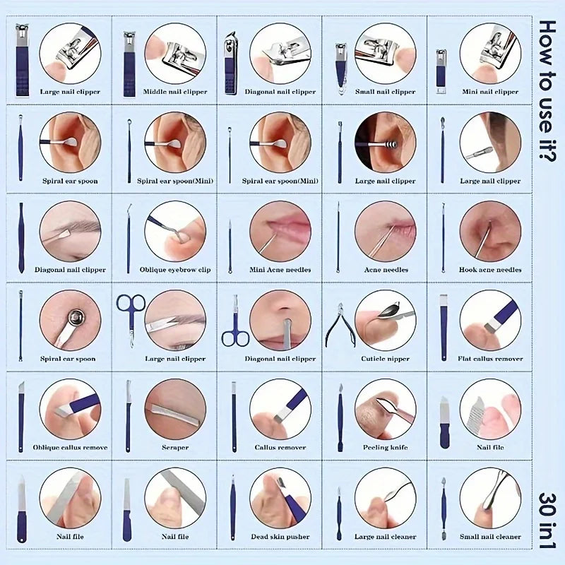 30PCS Nail Clipper Set – High-Quality Steel Manicure & Pedicure Kit with Nail Scissors and Grooming Tools
