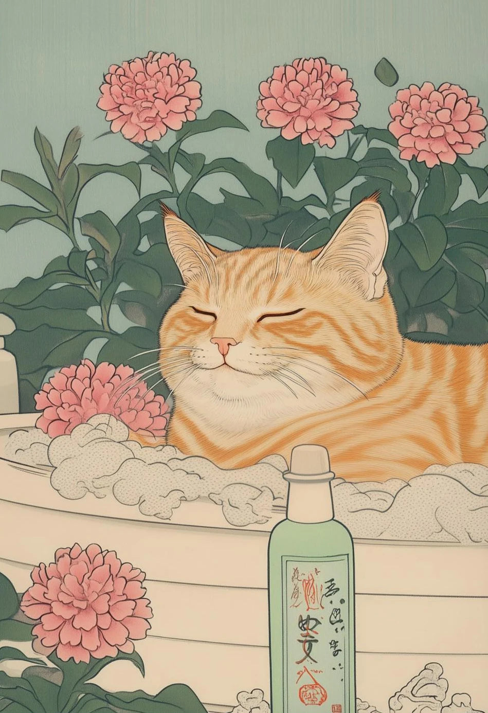 Japanese Tabby Cat in Bathtub Canvas Poster &mdash; Retro Japandi Wall Art for Bathroom &amp; Home