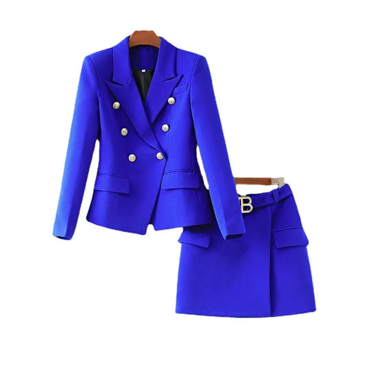 Spring And Autumn New Ins Style Deep Blue Suit Top B-Button Half Body Skirt Commuter Ol Skirt Set Two Piece Set