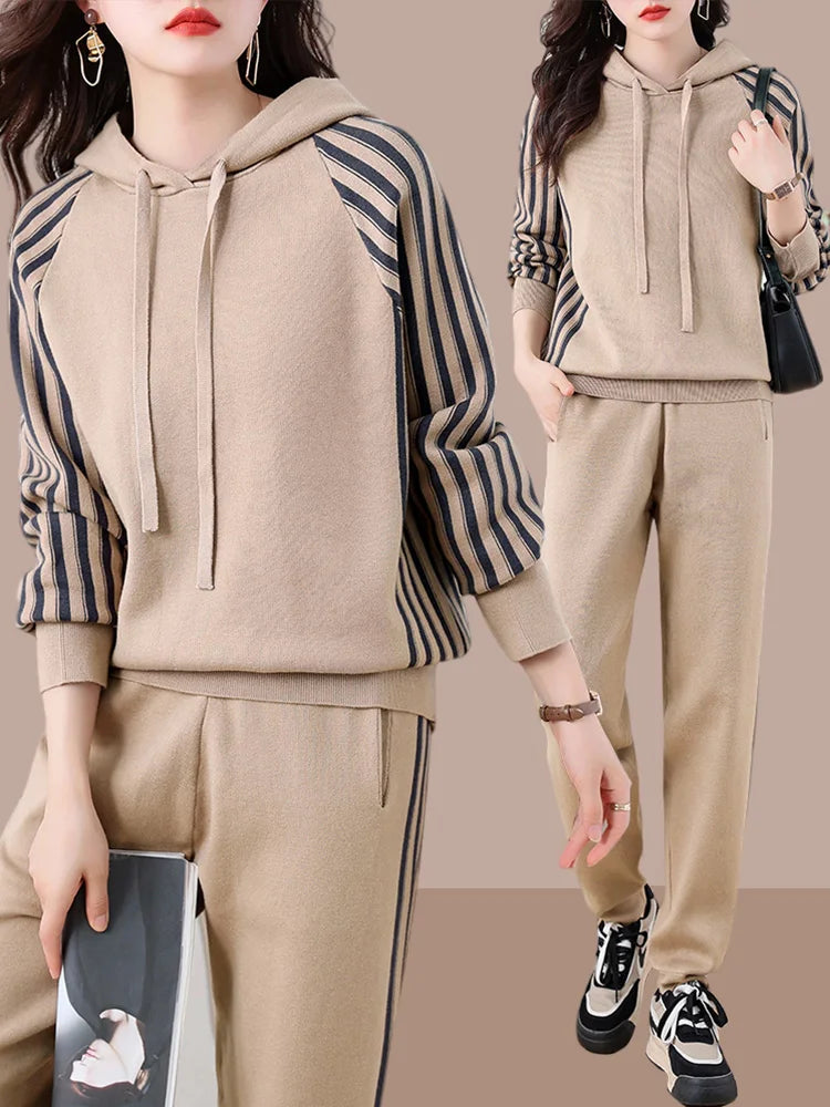 Autumn Women Tracksuit Sport Suit Knitted Long Sleeve Hoodie Sweater+pant Running Jogging Outfits Casual Workout Set Sweatsuit