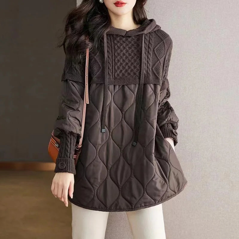 Fake Two Piece Women Midi Hoodies 2024 New Autumn Winter Patchwork Hooded Female Pullover Sweaters Drawstring Parkas