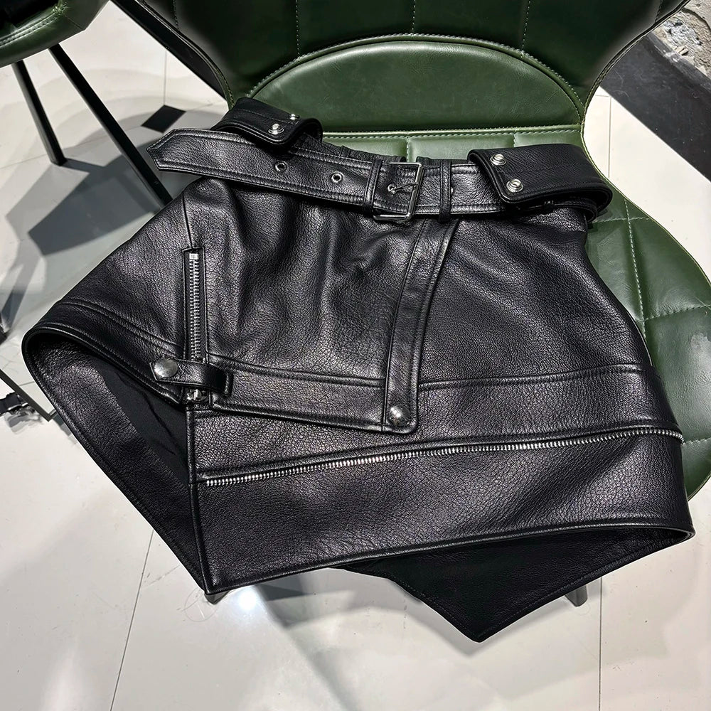 YOLOAgain A-Line Real Leather Skirt Women Black Asymmetrical Mini Skirt Ladies Streetwear