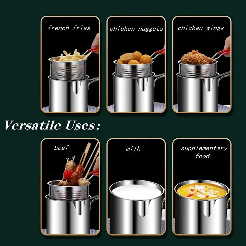 Deep Frying Pot Stainless Steel Kitchen Fryer with Strainer Basket Tempura Chicken Donut Fryer with Lid — view 3 of cookware