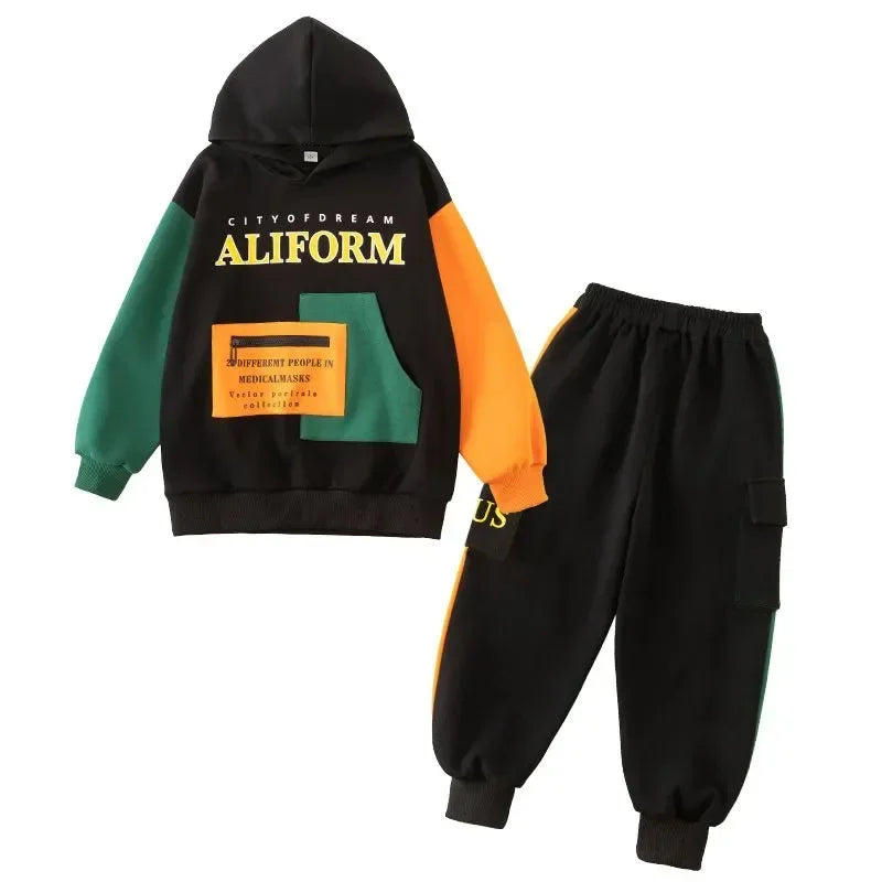 Boys’ Autumn & Winter Tracksuit – Fashionable Letter Hooded Sweater + Pants Set