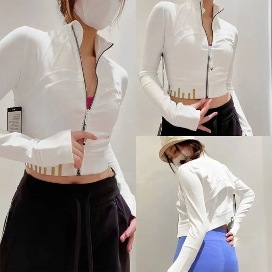 Women Sports Running Jacket Long Sleeve Slim Cropped Zipper Coat Fitness Yoga Shirt Gym High Elastic Tops Sweatshirt