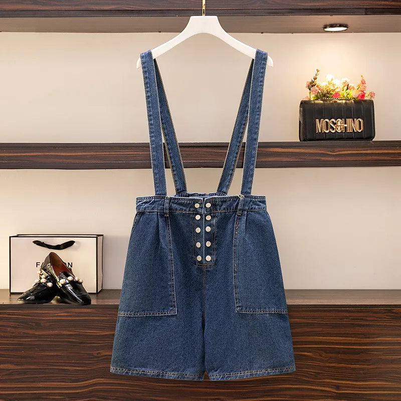 New 2023 Summer Plus Size Rompers For Women Large Overalls Loose Blue Cotton Button Denim One piece shorts 3XL 4XL 5XL 6XL 7XL