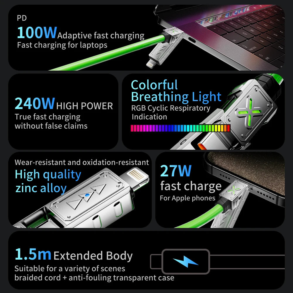 240W 4-in-1 Zinc Alloy Multi-Port Charging Cable — USB-C, Lightning, Micro USB — view 2 of chargers & cables