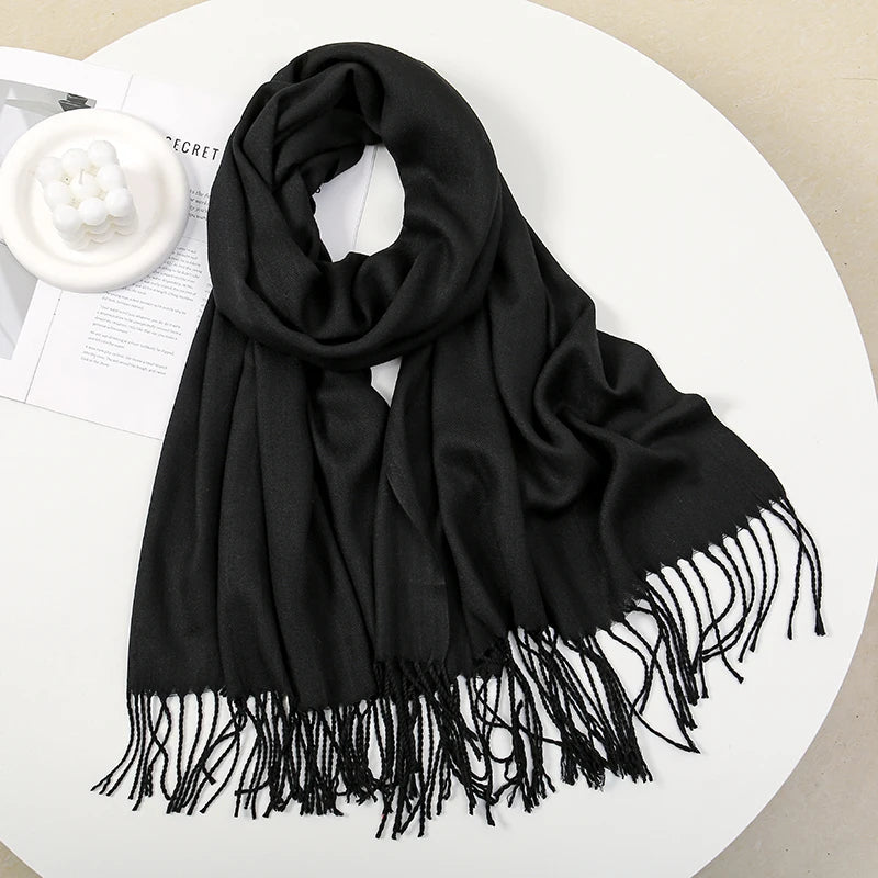 Solid Pashmina Scarf Tassel — Minimalist Cashmere-Feel Capsule Wardrobe Wrap for Women & Men — view 9 of scarves & wraps