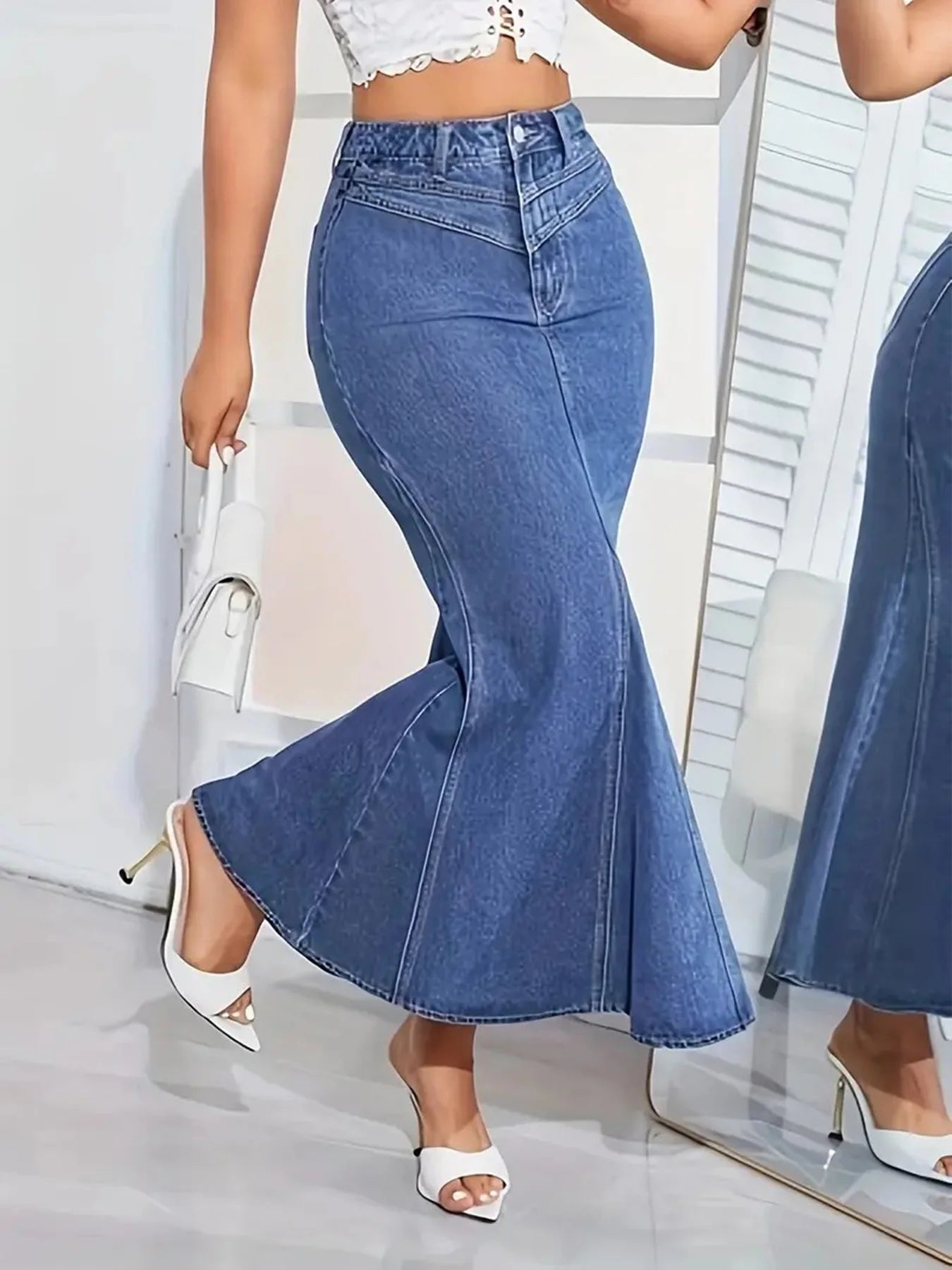 Denim Fishtail Skirt — Mid-Waist Stretch Mermaid Midi Skirt — back view