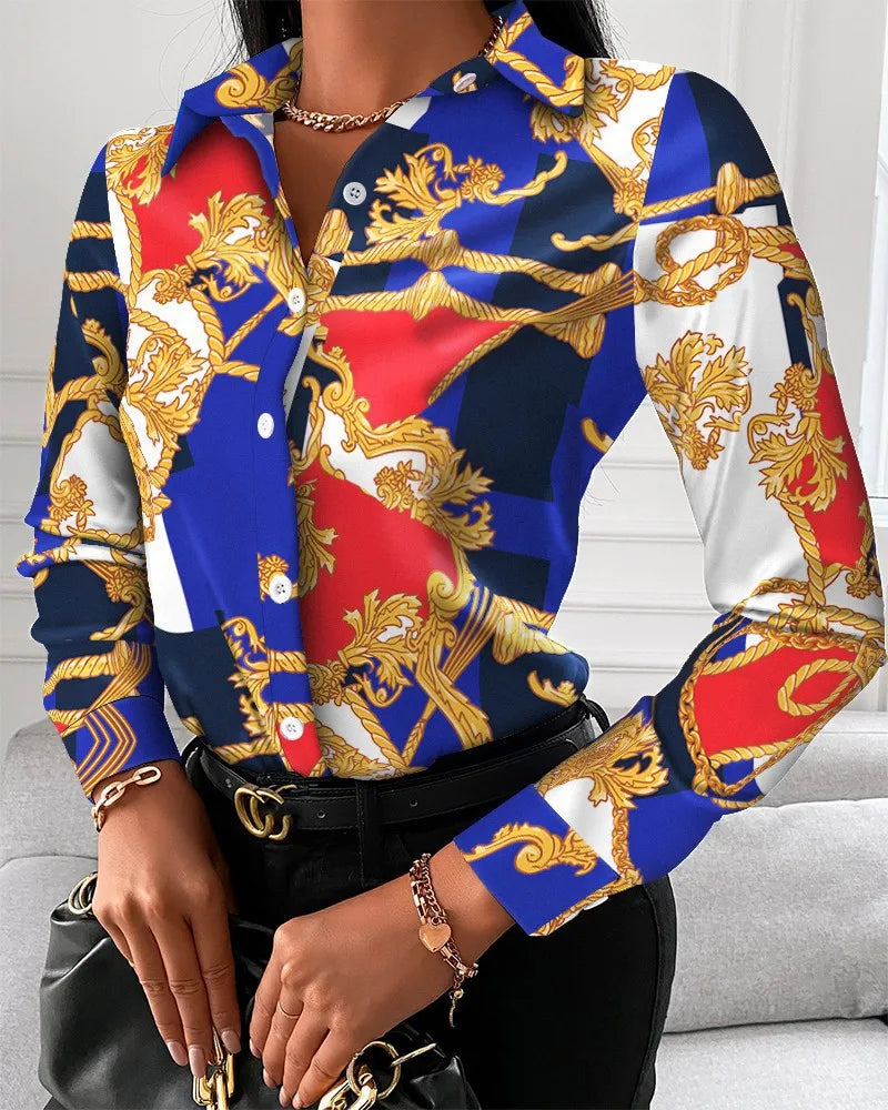 Women casual office printed shirt spring and autumn fashionable button up long sleeved shirt elegant splicing slim fit top women