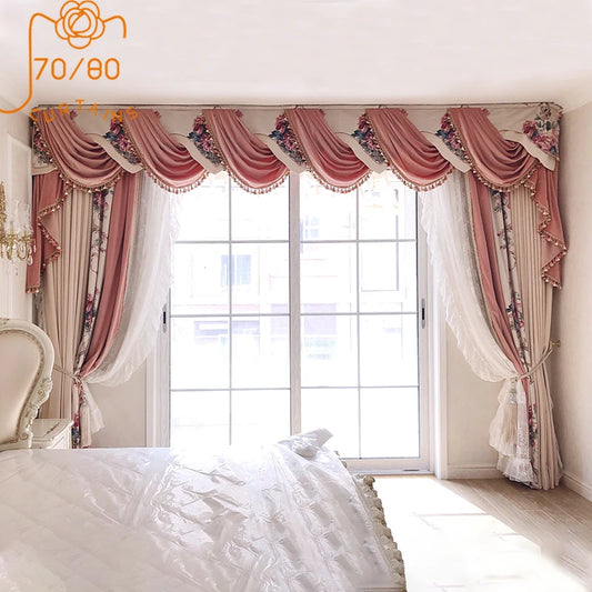 New High-end Pink Printing Velvet Splicing Curtains for Living Room Bedroom Villa Balcony French Window Customized Products