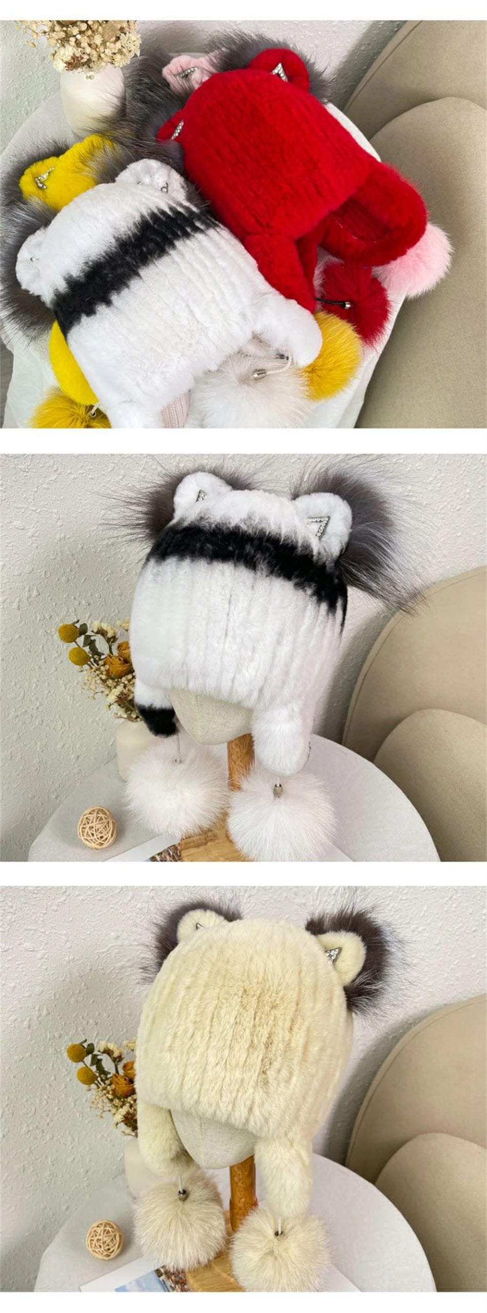 Winter Children Hat Real Rabbit Fur Hats Hat With Earflaps Bonnet Infant Cap Kids Hats for Girls Boys Ears Neck Warmer Fur Hat