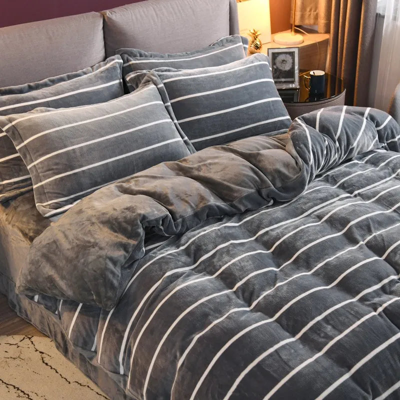 Coral Fleece Four-Piece Set Winter Thicken Thermal Double-Sided Flannel Bed Sheet Leopard Quilt Cover Milk Fiber Bedding