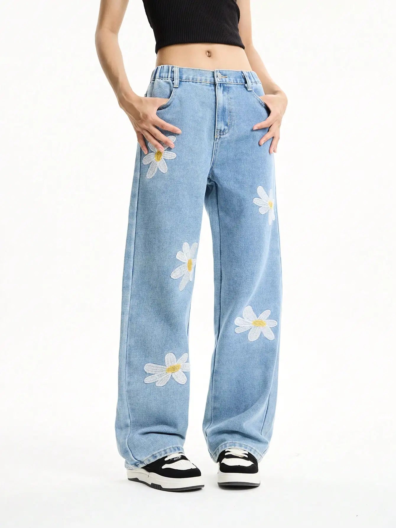 Girls' Light Blue Floral Embroidered Straight-Leg Jeans — Loose Wide-Leg Denim — variant view 4