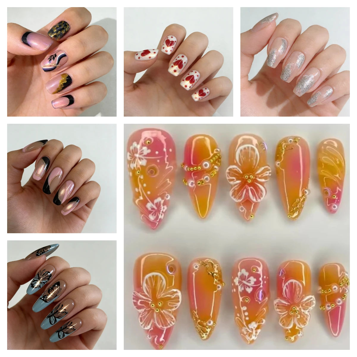 24PCS Random Press-On Nails – Full-Cover Almond Shape Instagram-Style False Nails