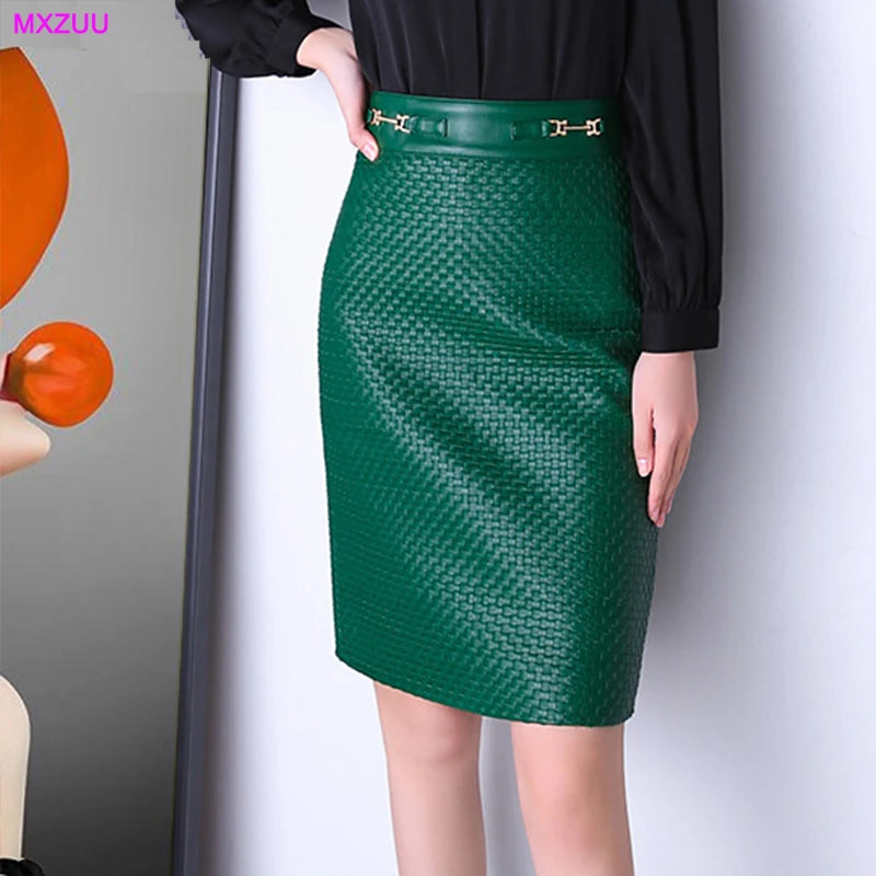 High Quality Leather Skirt Autumn Women Real Sheepskin Hand Woven High Waist Gold Buckle Slim Green/Coffee Wrap Hip Saia Midi