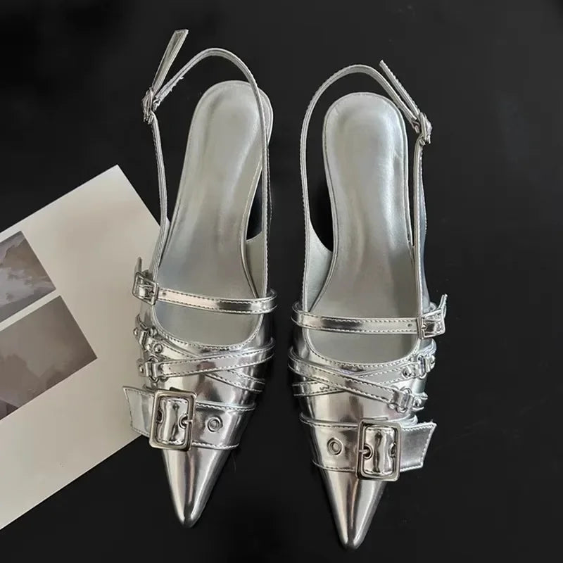 Heels & Pumps — Belt-Buckle Half-Drag Mule Pumps, Pointed-Toe Y2K Slip-On Heels — view 6 of heels & pumps
