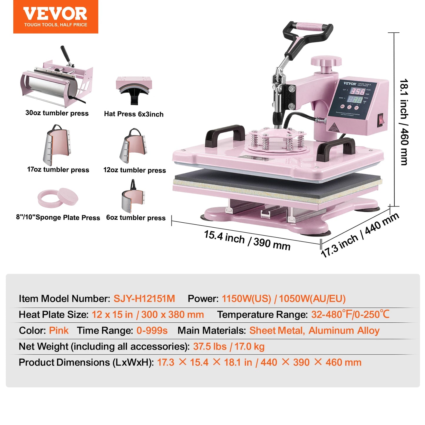 SucceBuy Heat Press Machine 12x15 inch  8 in 1 Heat Transfer Machine 360° Swing Away T-Shirt for T-Shirts/Mugs/Hats/Plates Pink