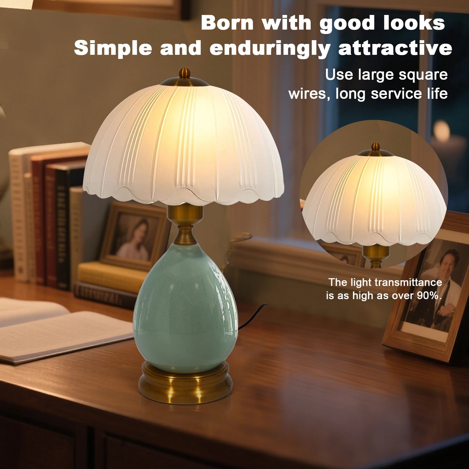 Chinese Green Ceramic Table Lamp &mdash; 16 in Vintage Bedside Lamp with 3-Color Dimmable LED — view 3 of lighting