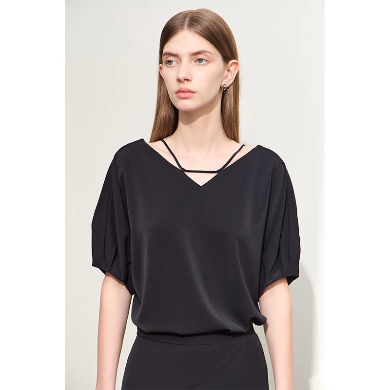 AMII Minimalism Women’s Loose Silk V-Neck Blouse – Drop Sleeve Casual Chiffon Top for Summer 2025