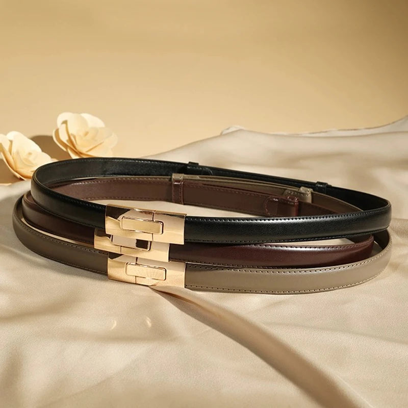 Belts Genuine Leather Women's 1.8cm Slim Belt — Gold Lock Buckle — view 6 of belts