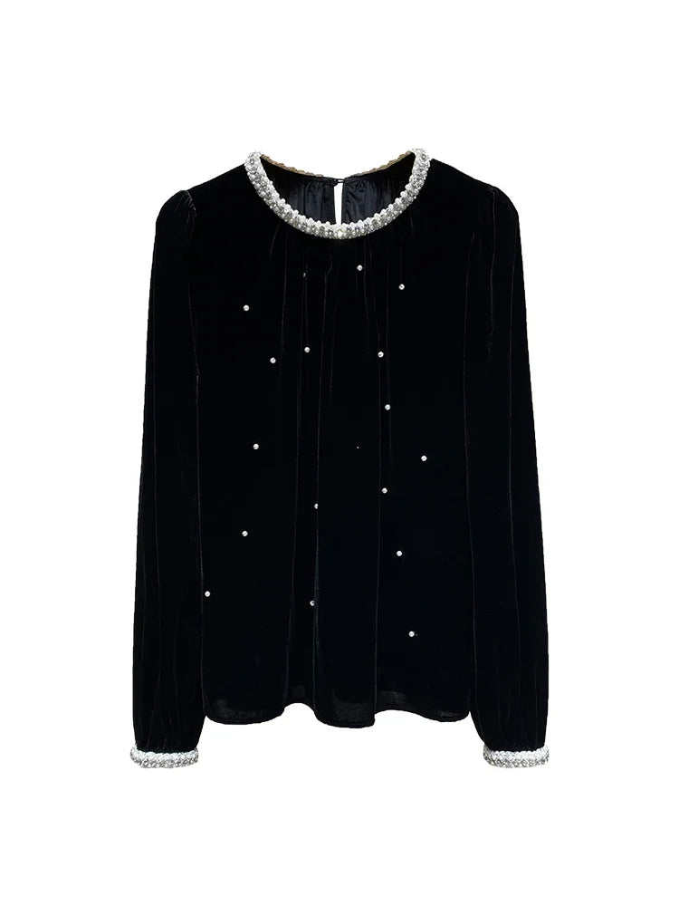 French Elegant Heavy Industry Beaded Diamond Round Neck Long Sleeve Loose Black Velvet Temperament Shirt Top Women Autumn 2024