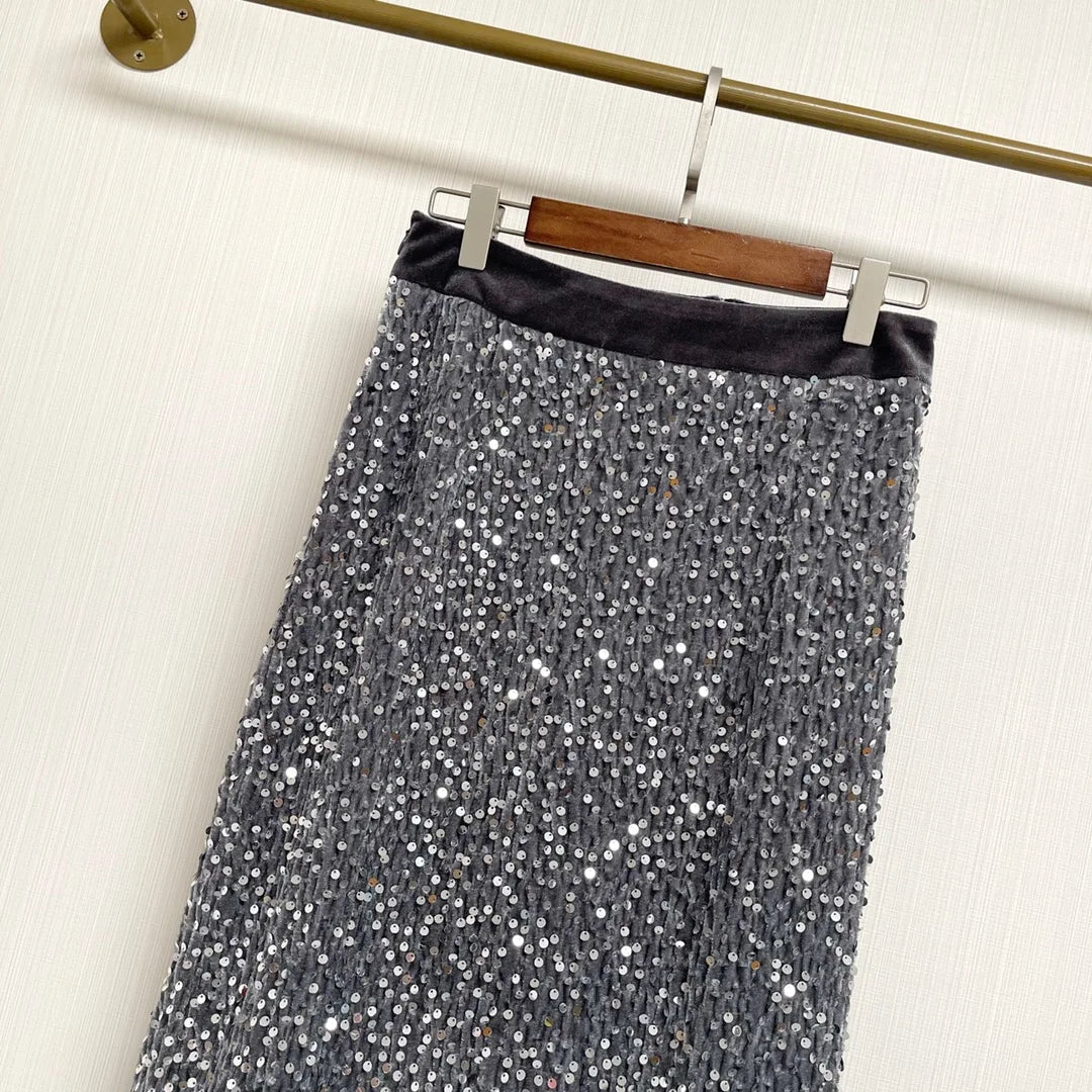 Autumn sequined skirt for women with high waist design, fine sequined starry sky feeling back slit skirt