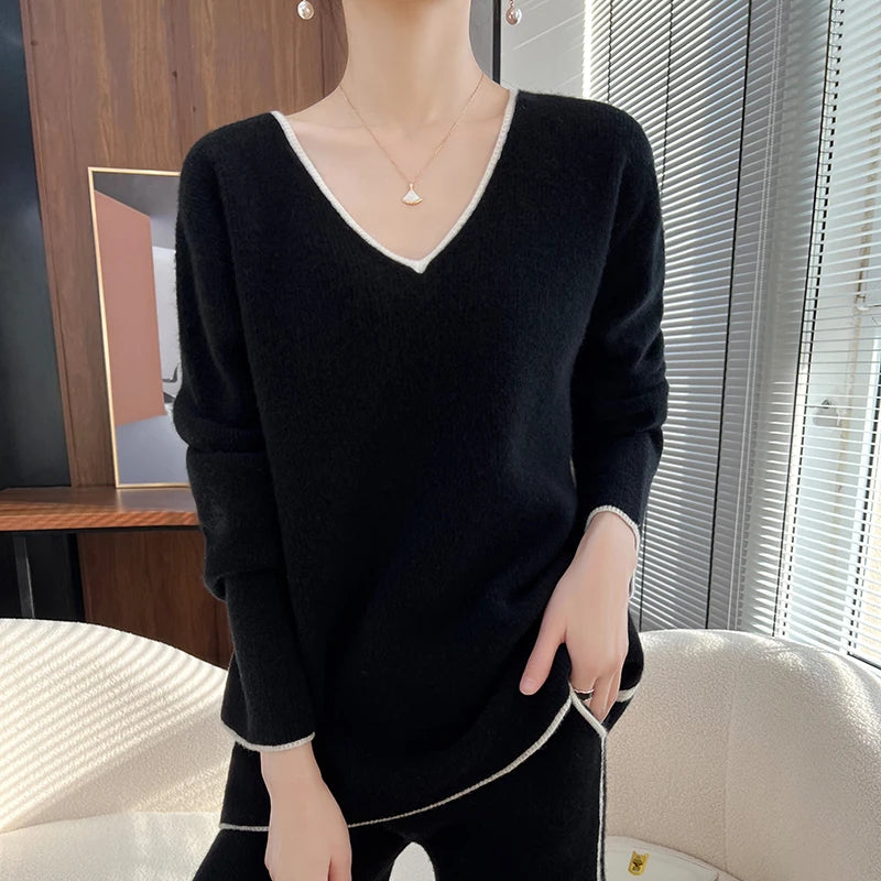 Spring and autumn new suit 100% wool shorts suit women's knitted loose color matching V-neck thin sweater two-piece suit