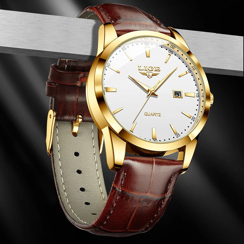 LIGE Men's Brown Leather Watch — Military Sport Quartz Chronograph Wristwatch — view 4 of watches