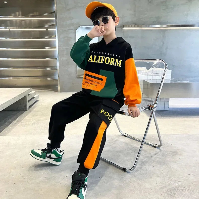 Autumn Winter Boys Tracksuit Junior Kid Fashion Letter Hooded Sweater+Pants Sets