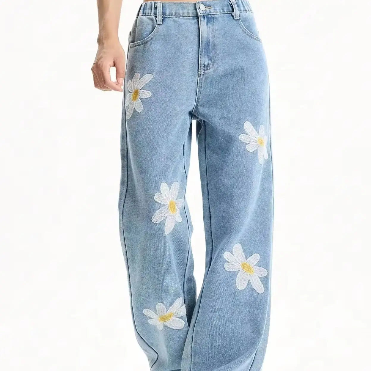 Girls' Light Blue Floral Embroidered Straight-Leg Jeans — Loose Wide-Leg Denim — variant view 7