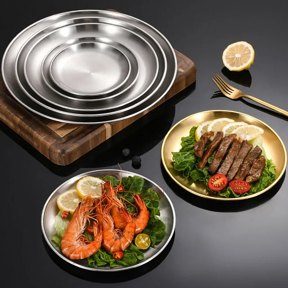 Stainless Steel Round Silver Tray Set &mdash; Rust-Proof Shallow Plates for BBQ, Picnic &amp; Camping — view 3 of dining & tableware