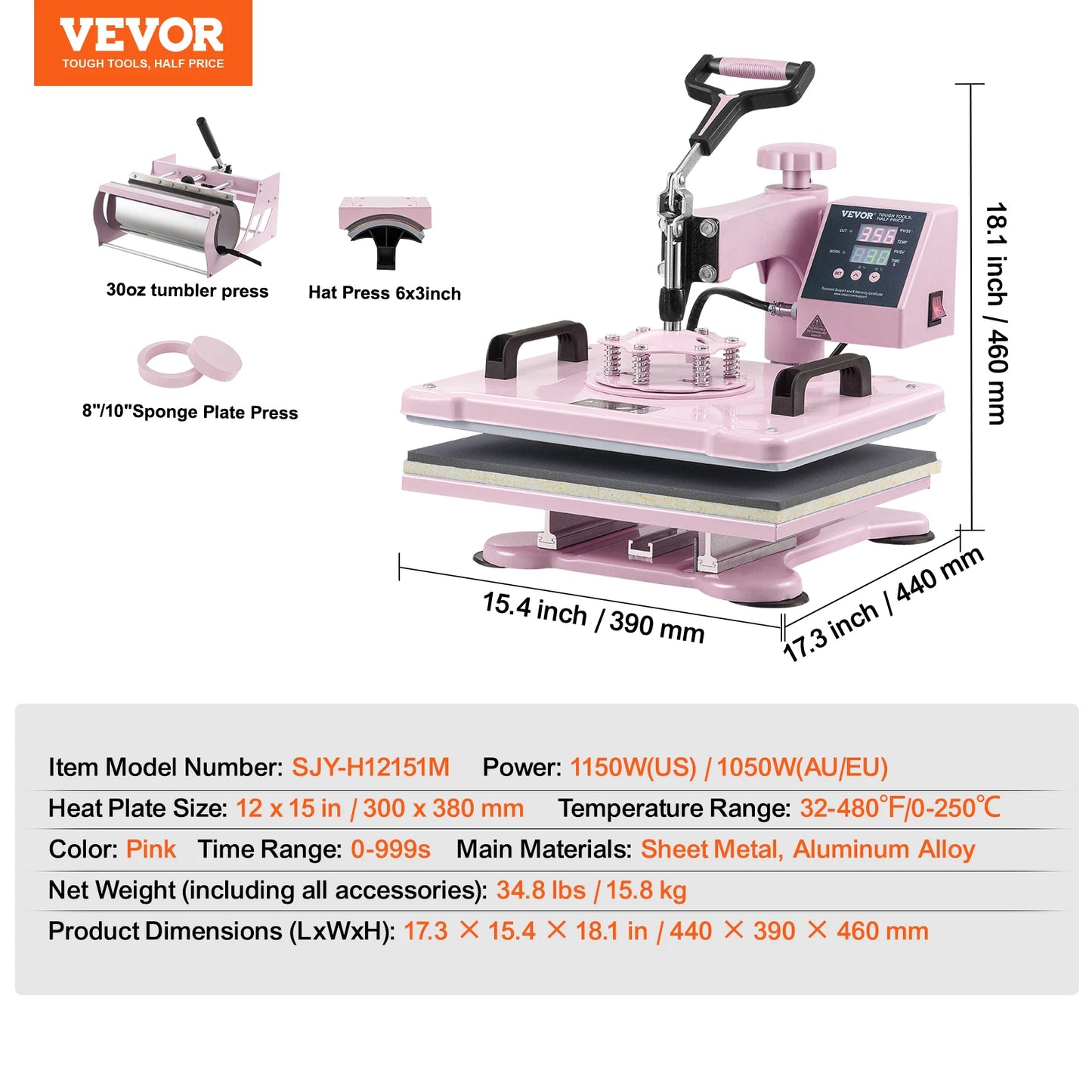 SucceBuy Heat Press Machine 12x15 inch  8 in 1 Heat Transfer Machine 360° Swing Away T-Shirt for T-Shirts/Mugs/Hats/Plates Pink