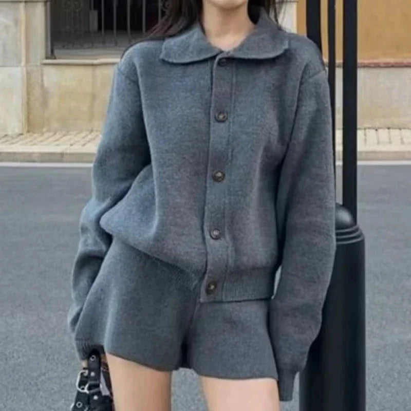 FOTVOTEE Fashion Knitted Suits for Women Lapel Single Breasted Cardigan High Waist Shorts Fall Winter New Elegant 2 Piece Sets