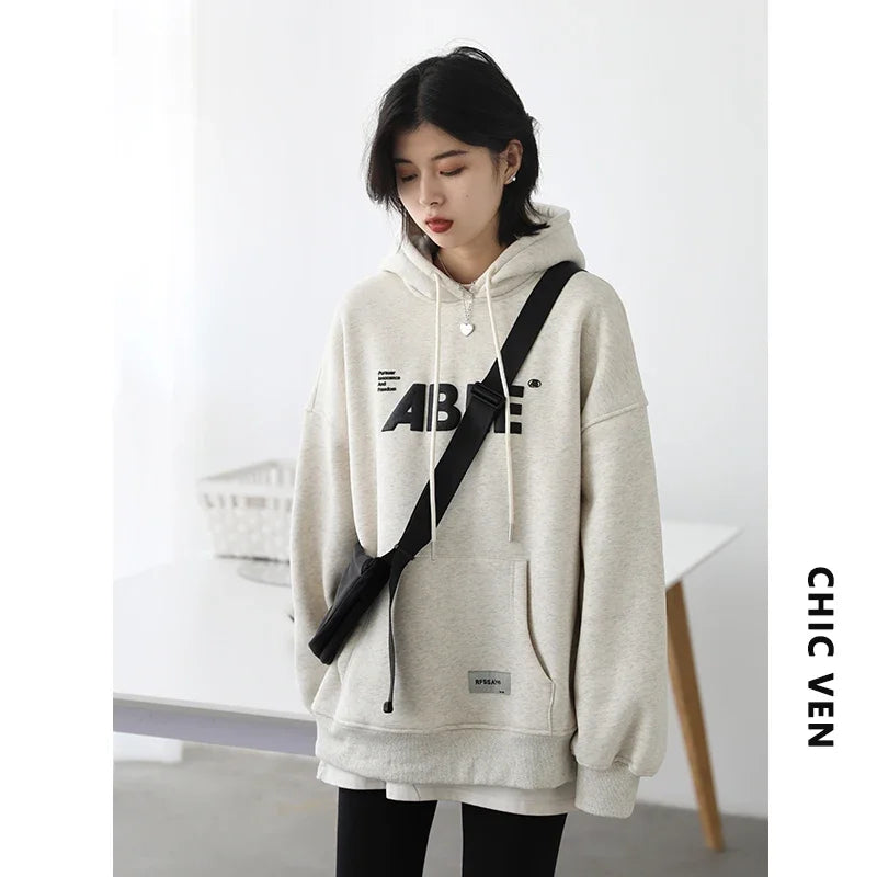 CHIC VEN Women Hoodies Sweatshirts Loose Warm Thick Fleece Streetwear Casual Letter Sport Coat Female Autumn Winter Clothes 2022