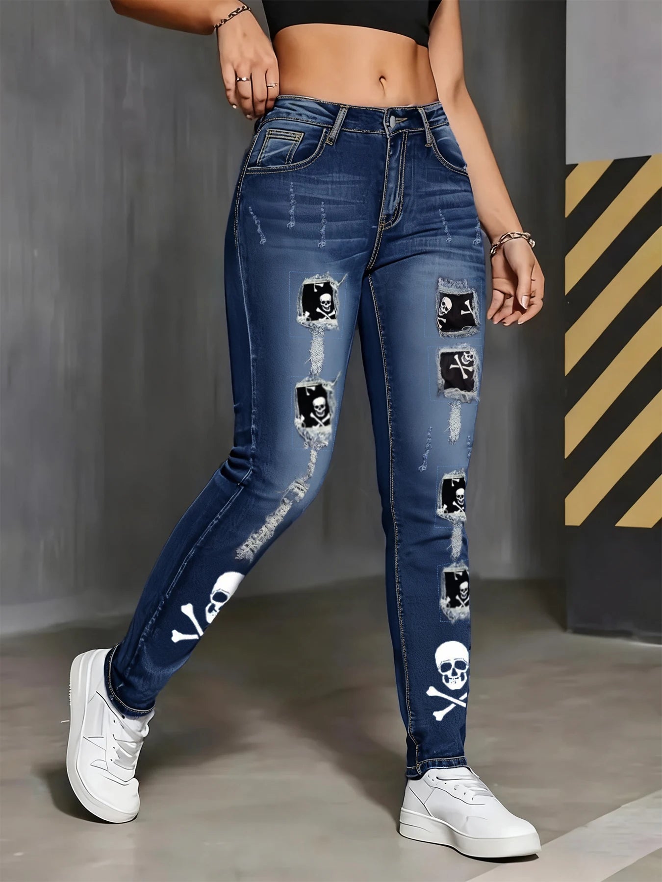 Plus-Size Dark-Wash Floral Embroidered Flare Jeans — Mid-Rise Slim Wide-Leg Denim — back view