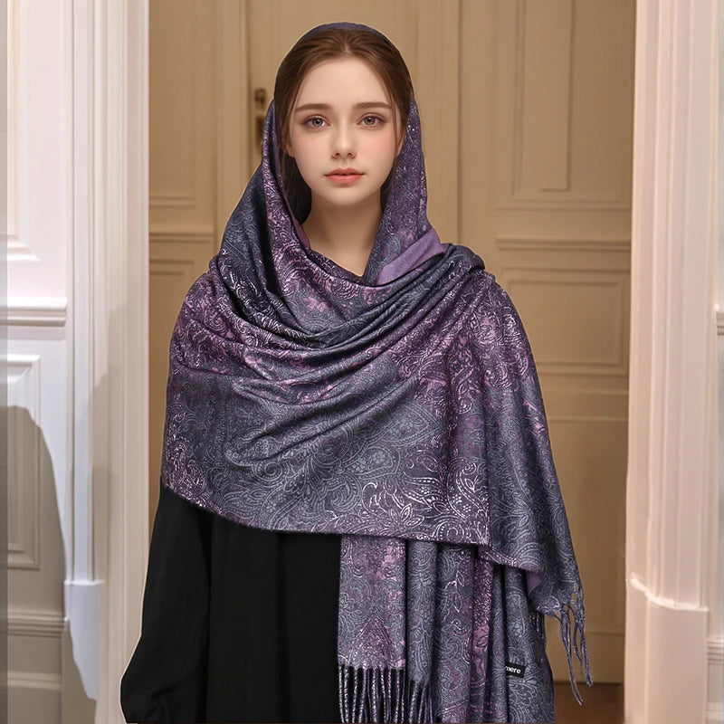 Luxury Paisley Pashmina Embroidery — Cashmere Reversible Drape Floral Designer Shawl Wrap — view 8 of scarves & wraps