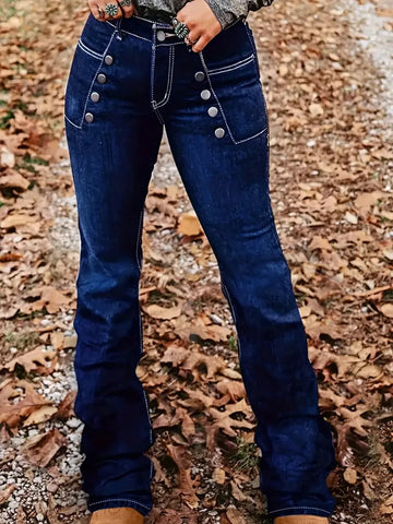 Plus-Size Blue Flare Jeans — Double-Row Button Contrast-Stitch Stretch Denim — front view