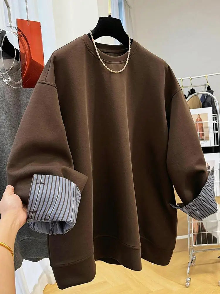 Autumn and Winter Women's Pullover Round Neck Hoodie Lazy Style Splicing Design Fake Two Piece Loose Long Sleeve Tops